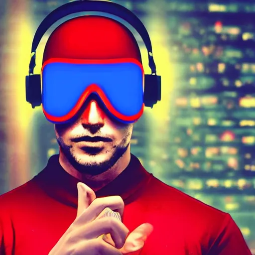 Image similar to a man, in red and blue spotlights, holds on to the headphones on his head, he wears dark visors, cyber songman, cyberpunk style, portrait, official art