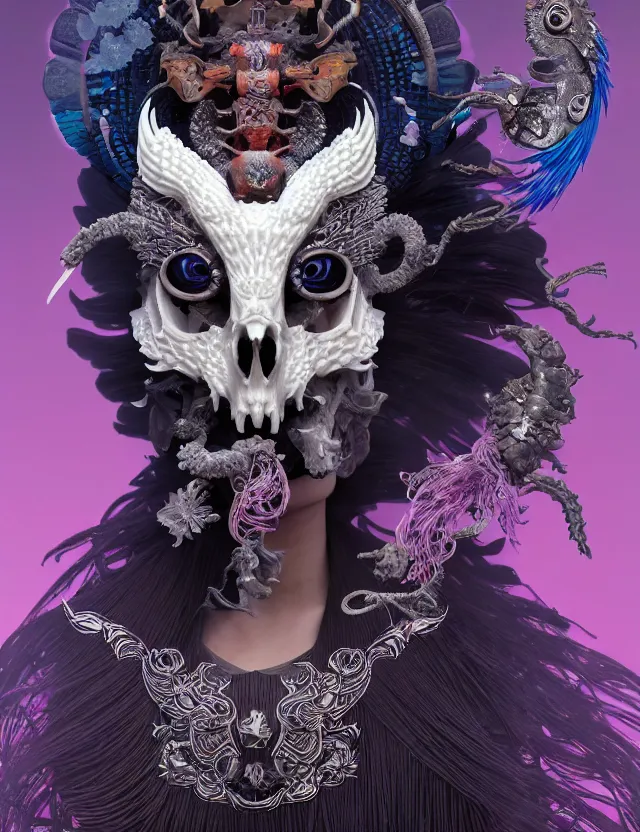 Image similar to 3 d goddess of death close - up profile portrait with ram skull. beautiful intricately detailed japanese crow kitsune mask and clasical japanese kimono. betta fish, jellyfish phoenix, bio luminescent, plasma, ice, water, wind, creature, artwork by tooth wu and wlop and beeple and greg rutkowski