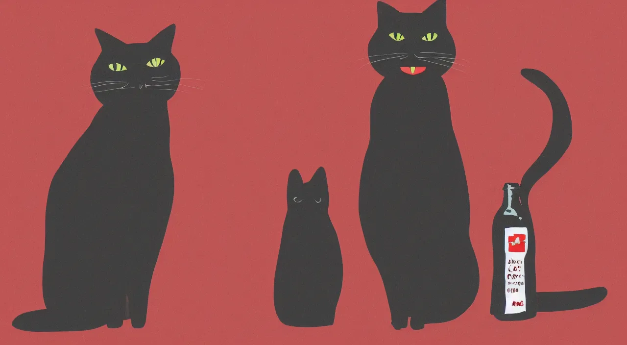 Image similar to a cat standing next to a bottle of medicine. black cat. animal. digital art. artstation. illustration. background color is red.