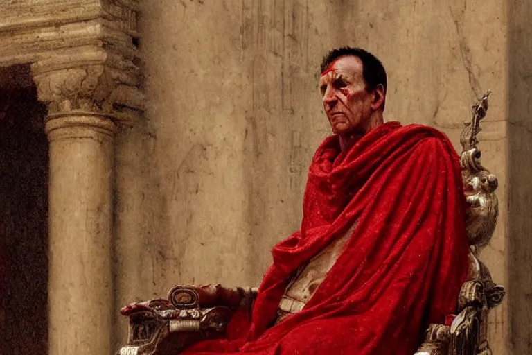 Image similar to a tired, lonely and broken julius caesar is sitting on his throne. face is highly detailed. splices of red are running down his toga. mist. color scheme red and gold. soft light. low angle medium shot. imagined by greg rutkowski and jean - leon gerome