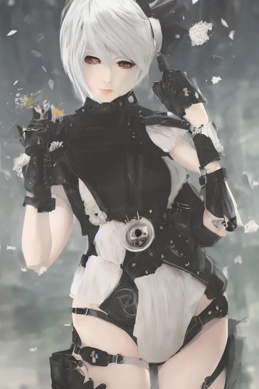 Image similar to beautiful portrait of 2B from nier automata, forest, junkyard, pretty, semi realistic anime, hyper detailed, 8k, DeviantArt, Instagram, Behance, Artstation, trending on artstation, Pixiv, Pixiv daily ranking, art of silverfox, Yee Chong Silverfox, Sydney Hanson, Mickael Lelièvre, Jaeyeon Nam, derevschikova, Elina Karimova