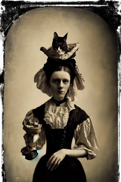 Image similar to wet plate photograph portrait of a victorian woman who has a cat head for her head, dressed in a victorian - era clothing, dramatic lighting, highly detailed, digital painting, artstation, concept art, smooth, sharp focus, illustration, art by wlop, mars ravelo and greg rutkowski