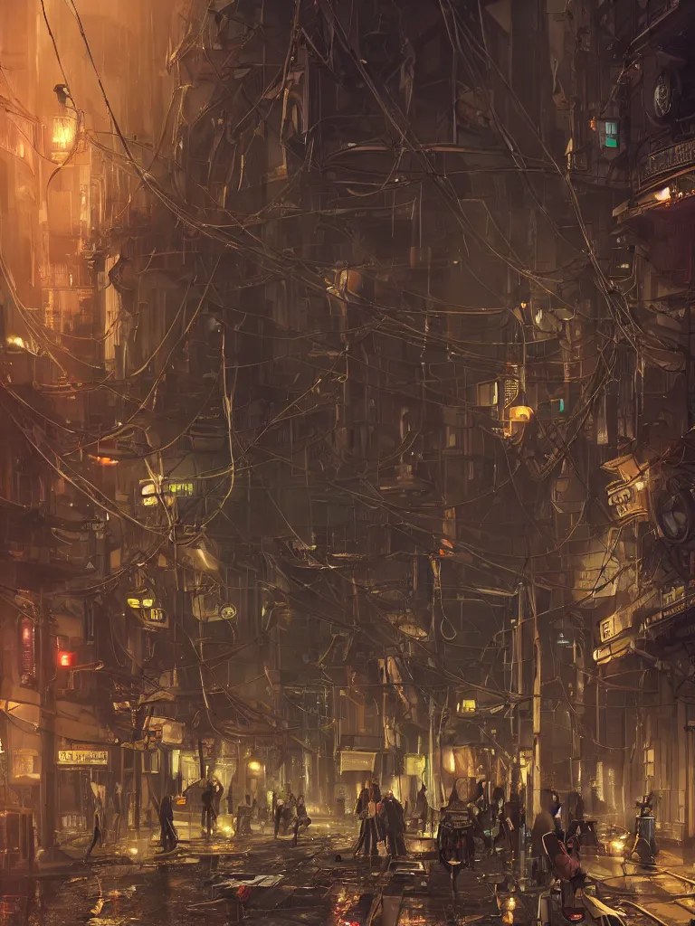 Prompt: steampunk futuristic street, hanging cables, narrow, garbage on the ground. rain. fog, haze, evening. led screens. golden hour. volumetric lighting. cables on the ground. very messy. futuristic. photorealistic. artstation. anime. studio gimbli style