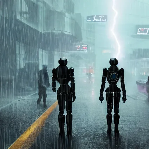 Image similar to cyberpunk robot warriors battling each other in heavy rain, ground fog, moody lighting, 8 k, lightning, shallow depth of field, cinematic lighting,