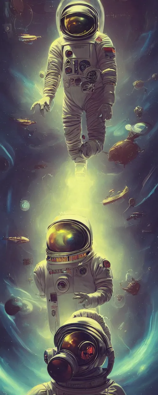 Image similar to a poster design of a cyberpunk astronaut wearing headphones in space, universe, cyberpunk, warm color, Highly detailed labeled, poster, peter mohrbacher, featured on Artstation