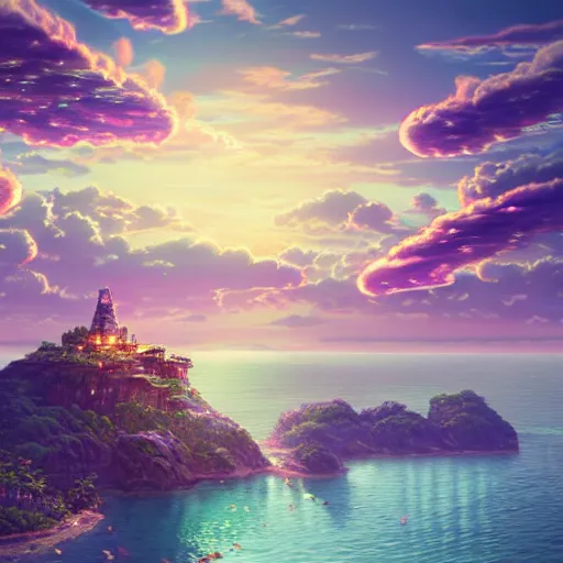 Prompt: the aesthetic view of the beautiful, grand, wistful, dreamy lonely island at dusk, hyperrealistic anime illustration by iralki nadar, colorful, extremely detailed, intricate linework, super sharp focus, bright colors, octopath traveler, studio ghibli, unreal engine 5 highly rendered, global illumination, radiant light, detailed and intricate environment