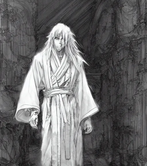Image similar to portrait of anime man with long hair wearing a white robe stained, pen and ink, intricate line drawings, by craig mullins, ruan jia, kentaro miura, greg rutkowski, loundraw