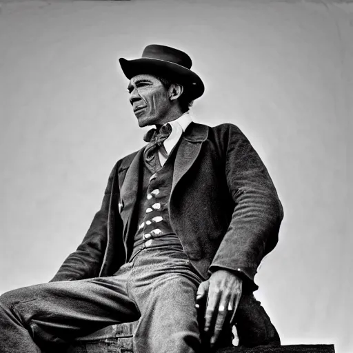 Prompt: an 1 8 0 0 s photo of barrack obama playing the role of clint eastwood, squinting at high noon, in the style of a clint eastwood movie, the good, the bad and the ugly, vibe, glory days, mount rushmore, justice, american flag, independence, patriotism, black and white, artgerm