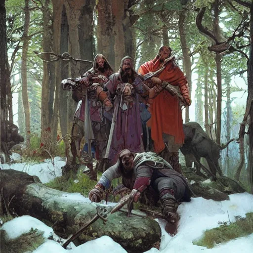 Image similar to slavic orcs stand on a hillock, woodlands, painting by viktor vasnetsov, orthodox, magic the gathering artwork, d & d, fantasy, art by nicholas roerich and greg rutkowski and craig mullins