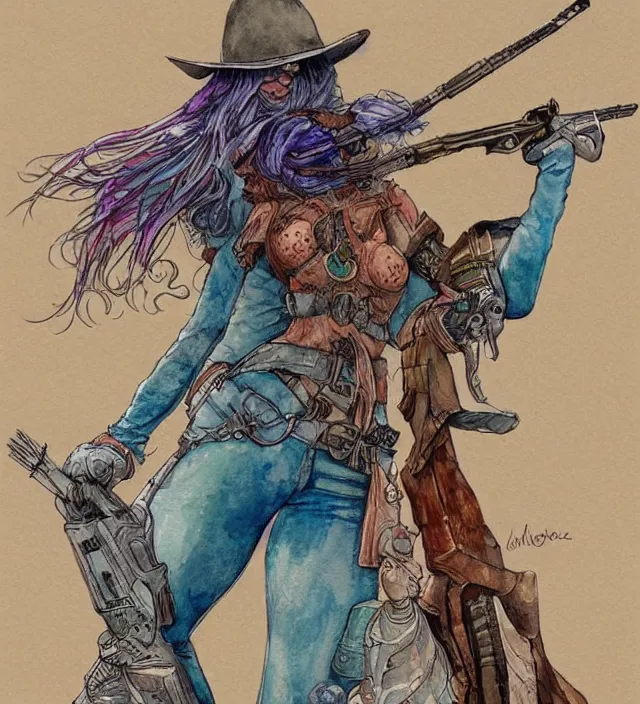 Image similar to a watercolor ink painting of bunnygirl gunslinger in the style of jean giraud in the style of moebius trending on artstation deviantart pinterest detailed realistic hd 8 k high resolution