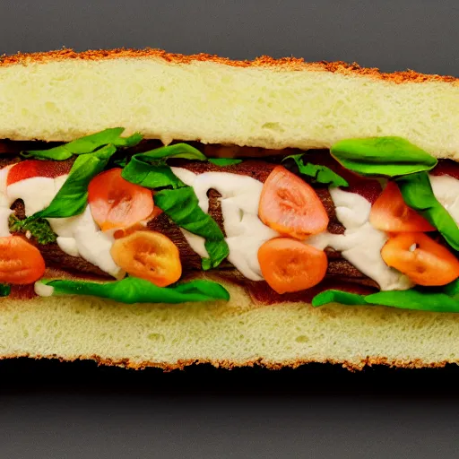 Image similar to a caterpillar sandwich, high resolution food photography, studio lighting