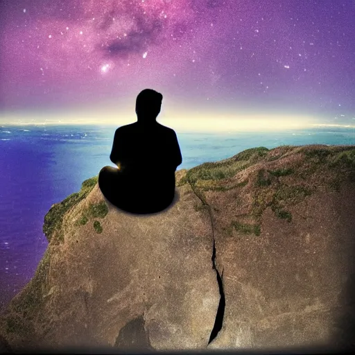 Prompt: is sitting on a cliff watching the planets orbit our skies