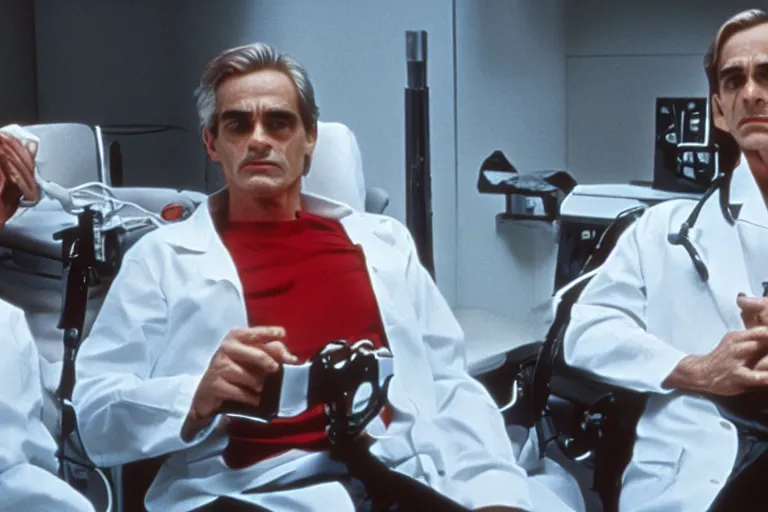 Image similar to a scene from the movie dead ringers with jeremy irons, cinematic lighting, black and red contrast, medical equipment