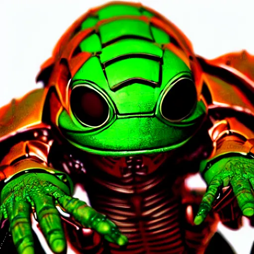 Prompt: All Hail the mighty Cyberfrog ! In its natural environment, Close up. Macro. Hyper realistic, Reddish. Synth wave