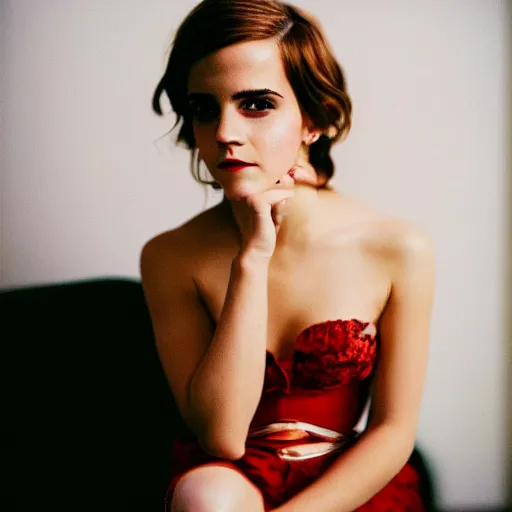 Image similar to elegant portrait of emma watson looking at the camera, pinup, boudoir, 35mm film, Porta 400, f/1.8 portrait