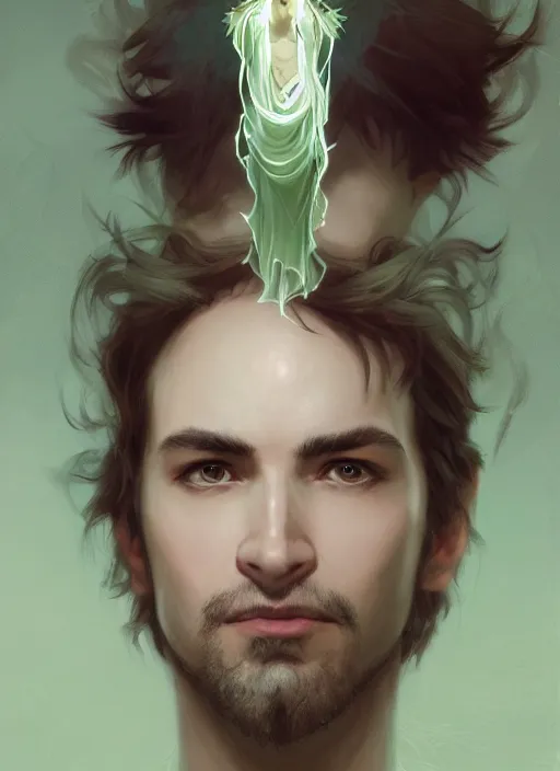 Prompt: character concept portrait of an attractive young focused Spanish wizard with pale green skin enchanting a growing spell, a floating iridescent spell book in the center, intricate, elegant, digital painting, concept art, smooth, sharp focus, illustration, from Metal Gear, by Ruan Jia and Mandy Jurgens and William-Adolphe Bouguereau, Artgerm