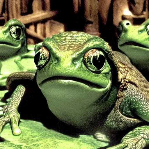 Image similar to movie film still scene, lord of the rings with frog heads