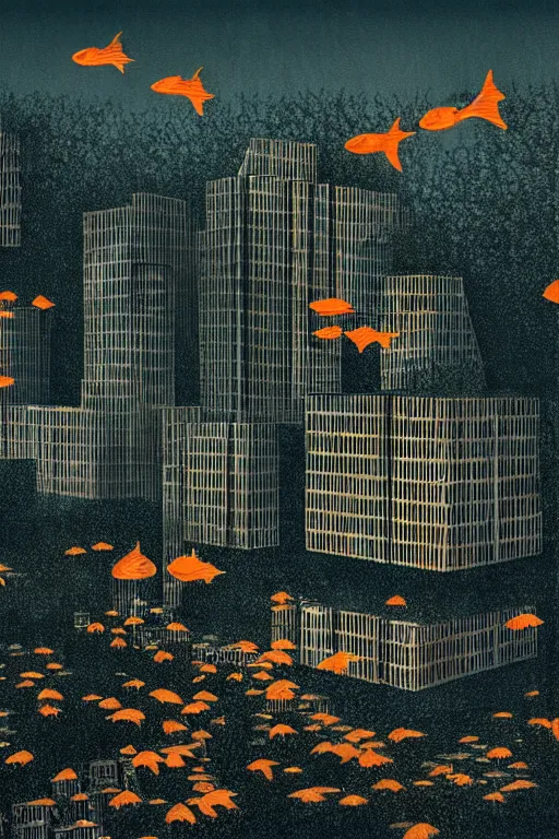 Image similar to city overgrown with nature, lone man+school of fish flying in the sky, Mads Berg, Karolis Strautniekas, film noir, stippled light, dramatic lighting,editorial illustration, detailed,fine texture, matte print, art deco, brutalism, dark blue + dark orange, red, black, ((habitat 67 background))