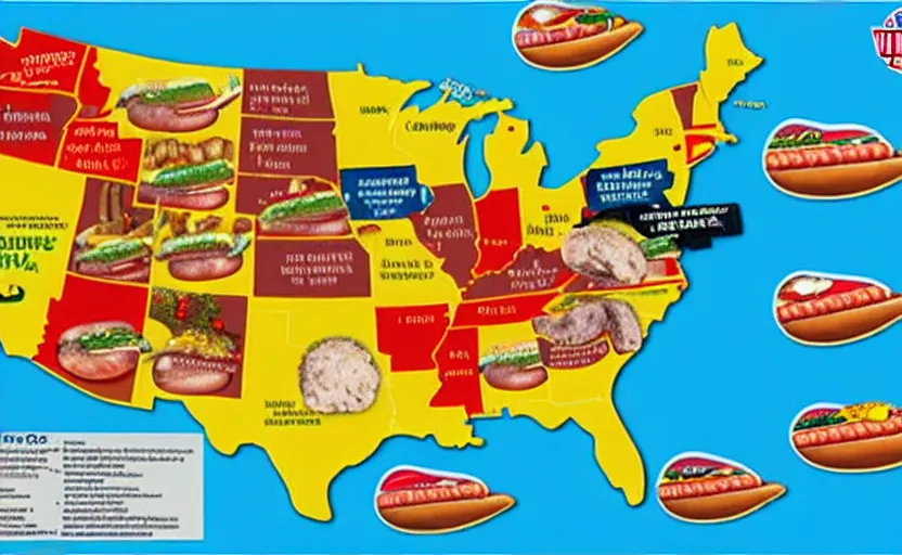 Image similar to hot dogs across america map, detailed, map key, tourist map, brochure