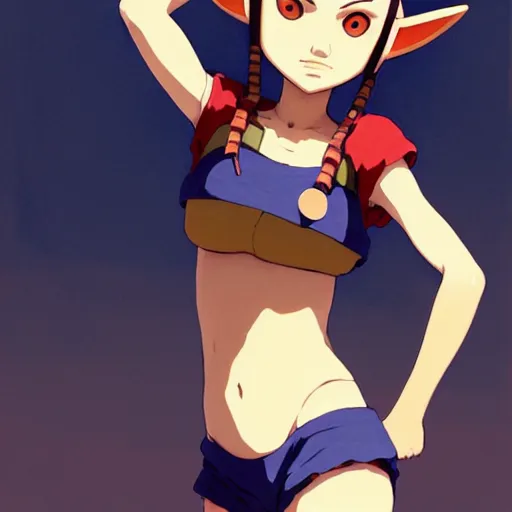 Image similar to beautiful boyish natalie portman gravure model in majora's mask, wearing wooden mask and baseball cap and leotard, street wear with subtle mayan patterns, aztec bathing suit, gapmoe yandere grimdark, trending on pixiv fanbox, painted by greg rutkowski makoto shinkai takashi takeuchi studio ghibli, akihiko yoshida