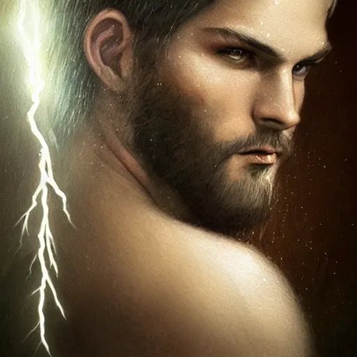 Image similar to Zeus, the lightning god, masculine features, cinematic lighting, powerful, hyper-detailed, cgsociety, 8k, high resolution, in the style of Charlie Bowater, Tom Bagshaw, single face, symmetrical, headshot photography, insanely detailed and intricate, beautiful, elegant, watercolor, cinematic, portrait, Raphaelite, headroom, artstation, Pierre-Auguste Renoir