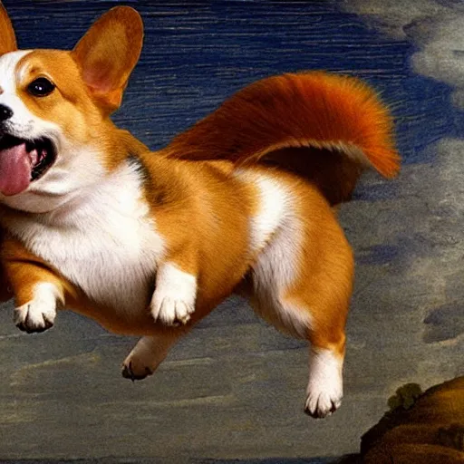 Prompt: happy corgi dog flying through cosmos, renaissance art style