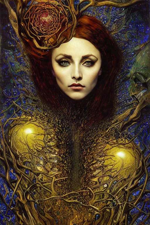 Image similar to Heart of Thorns by Karol Bak, Jean Deville, Gustav Klimt, and Vincent Van Gogh, Surreality, otherworldly, infernal enigma, Helliquary, fractal structures, celestial, arcane, ornate gilded medieval icon, third eye, spirals, dramatic sharp thorns, rich deep moody colors