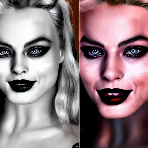 Image similar to beautiful margot robbie with harley quinn makeup, highly detailed, realistic face, amazing digital art