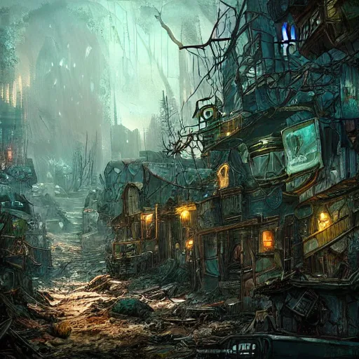 Image similar to A post-apocalyptic village in fairy tale forest in the style of cyberpunk in the style of dark fantasy art Trending on artstation DeviantArt Pinterest detailed realistic HD 8k High Resolution