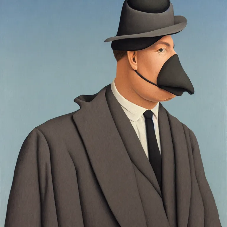 Image similar to portrait of a faceless hooded man in a suit by rene magritte, detailed painting, distance, centered, hd, hq, high resolution, high detail, 4 k, 8 k