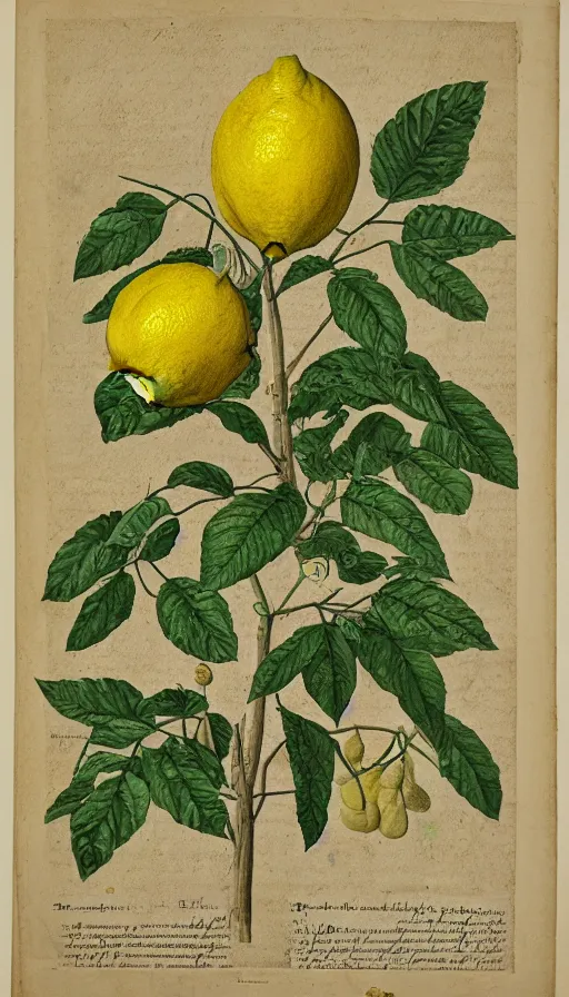 Prompt: encyclopedia drawing of lemon, whole plant, manuscript, etching