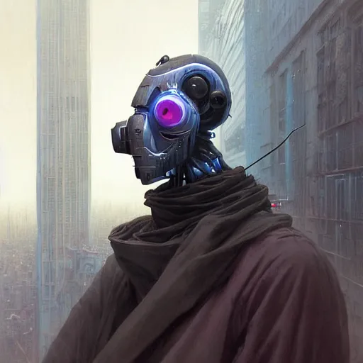 Image similar to detailed character concept art portrait of a masked robot in a city, trending on artstation, award - winning video game concept art by jim burns and greg rutkowski, beksinski, a sci - fi concept art masterpiece, james gilleard, bruegel, alphonse mucha, and yoshitaka amano.