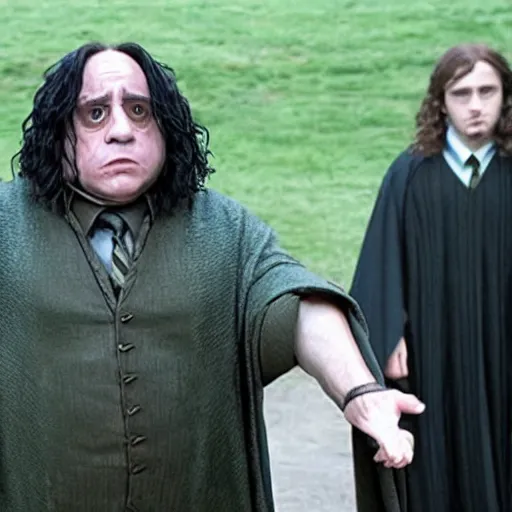 Image similar to Danny Devito as Serverus Snape, still image from Harry Potter movie