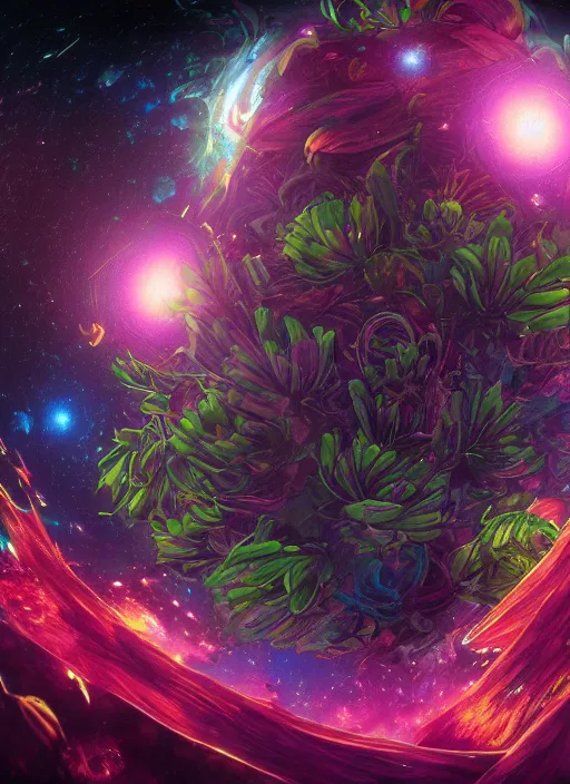 Image similar to An epic fantastic realism comic book style painting of the most beautiful entwined flowers launched across the dark galactic night sky, nebulous bouquets, fisheye lens, unreal 5, DAZ, hyperrealistic, octane render, dynamic lighting