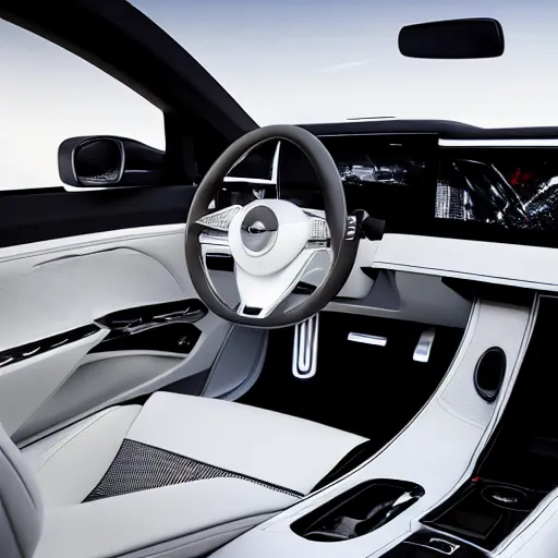 Image similar to cinematic photoshoot of clean modern hand crafted super futuristic tech luxury car interior pro display xpr luxury smooth color metal white silver with black leather padding well design ultrareallistic detailed high quality 8 k photorealistic ultra realistic