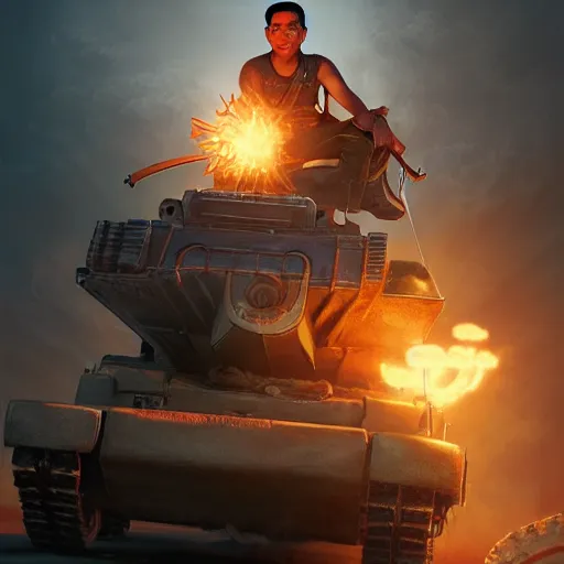 Image similar to portrait of a filipino man sitting on a tank holding a scepter and eating popcorn, unreal engine, fantasy art by randy vargas global illumination, radiant light, detailed and intricate environment by greg rutkowski