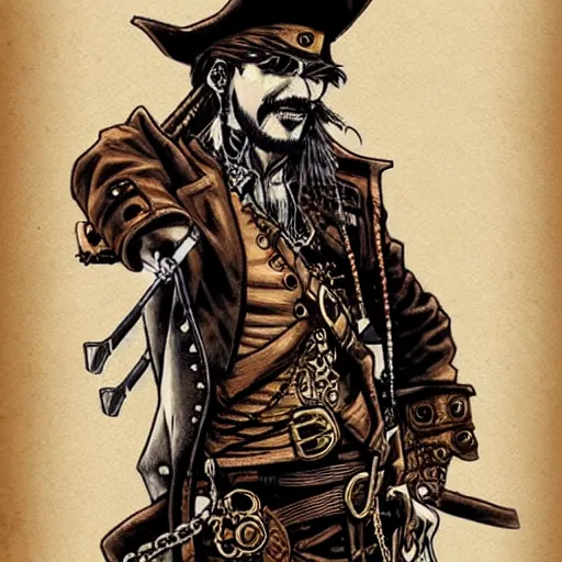 Image similar to a steampunk pirate, by kim jung gi and karl kopinski