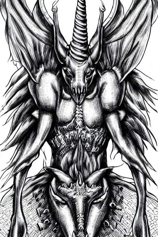 Image similar to evil unicorn, symmetrical, highly detailed, digital art, sharp focus, trending on art station, kentaro miura manga art style