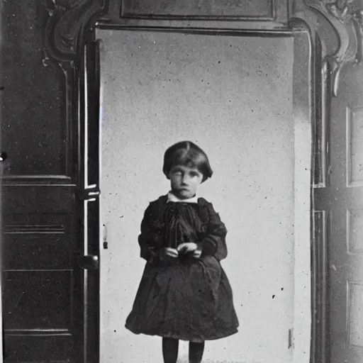 Image similar to an old photograph of a victorian child facing away from the camera, pointing at a glowing doorway