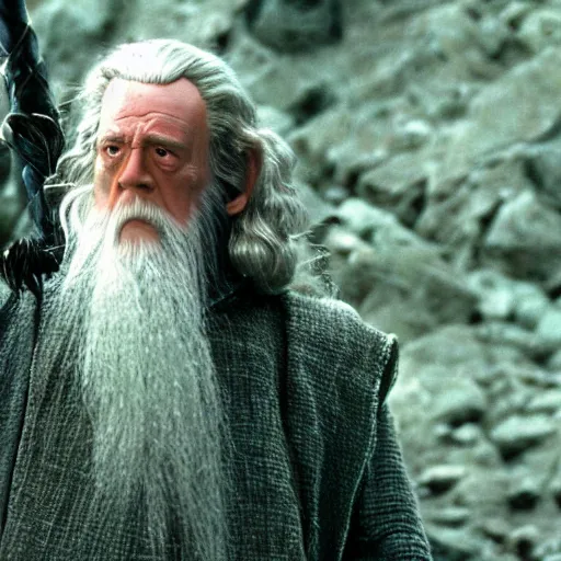 Image similar to A Still of Patrick McGoohan as Gandalf in The Lord of the Rings (2001), full-figure