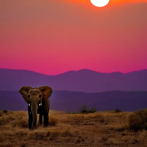 Image similar to a heroic elephant watching yesterday's sunset over the mountains in the style of synthwave