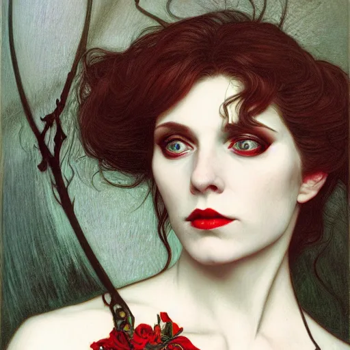 Image similar to portrait of a lady vampire, 35mm, victorian, depth of field, ominous, sharp, highly detailed, photorealistic, realistic, unreal 5, high definition, 8k, deviantart, donato giancola, irwin penn, ((Alphonse Mucha))