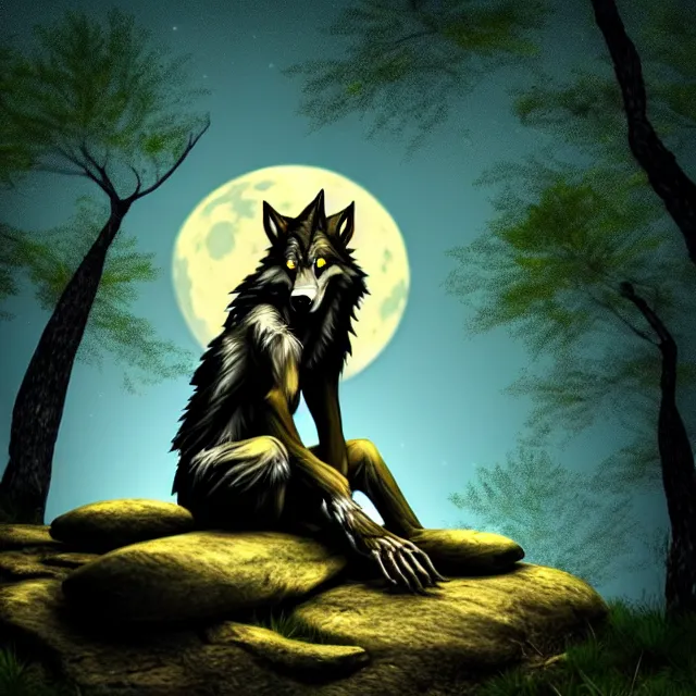 Image similar to A werewolf sitting on a rock, woodland creek, realistic, yellowish full moon