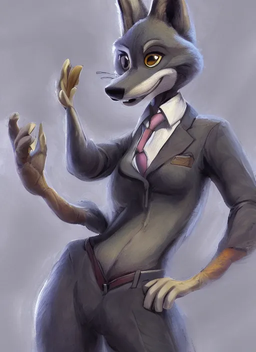 Prompt: oil painting detailed full body of anthromorphic female wolf, in style of zootopia, zootopia, zootopia, fursona, furry, furaffinity, 4 k, deviantart, furry art, fursona art, wearing black business suit, business suit, in style of zootopia, wolf fursona, cyberpunk, female, expressive, detailed feminine face,