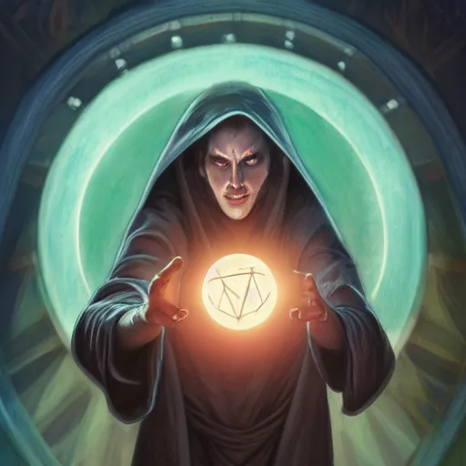 Image similar to a warlock is casting a magic spell, with magic orb floating in his hand , dynamic pose, natural lighting, medium level shot, Mucha style , Grim fantasy, illustration ,concept art,