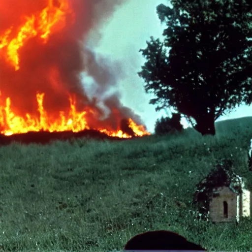 Prompt: horrifying photo of a four legged human idly staring ,hill of a burning small town a white wooden church is in the distance, bloody, by wes craven, 35mm film stock, creepy, disturbing