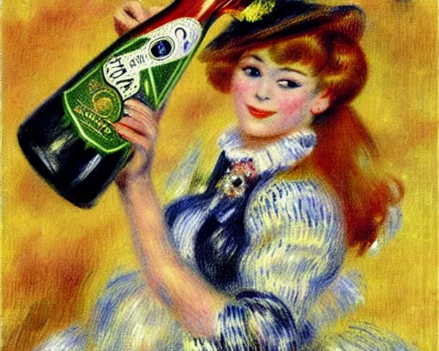 Prompt: vintage, melchizedek champagne bottle. cancan girl dancing, french, realistic, cheerful, 1 9 0 2, art by renoir