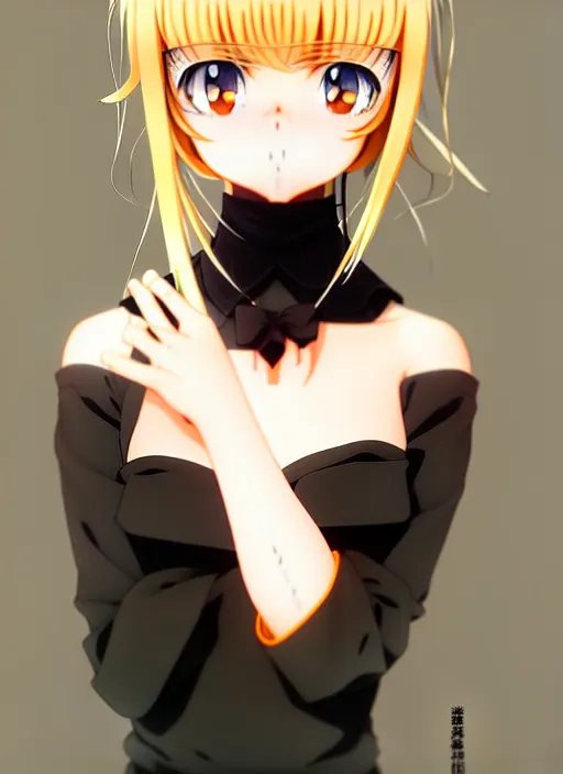 Image similar to anime portrait of a beautiful blonde, yellow - orange eyes, ilya kuvshinov, black clothing, anime, pixiv top monthly, trending on artstation, cinematic, danbooru, zerochan art, kyoto animation