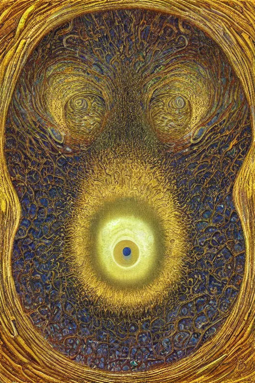 Image similar to The Ergot Spore by Karol Bak, Jean Deville, Gustav Klimt, and Vincent Van Gogh, otherworldly, fractal structures, arcane, prophecy, ornate gilded medieval icon, third eye, spirals