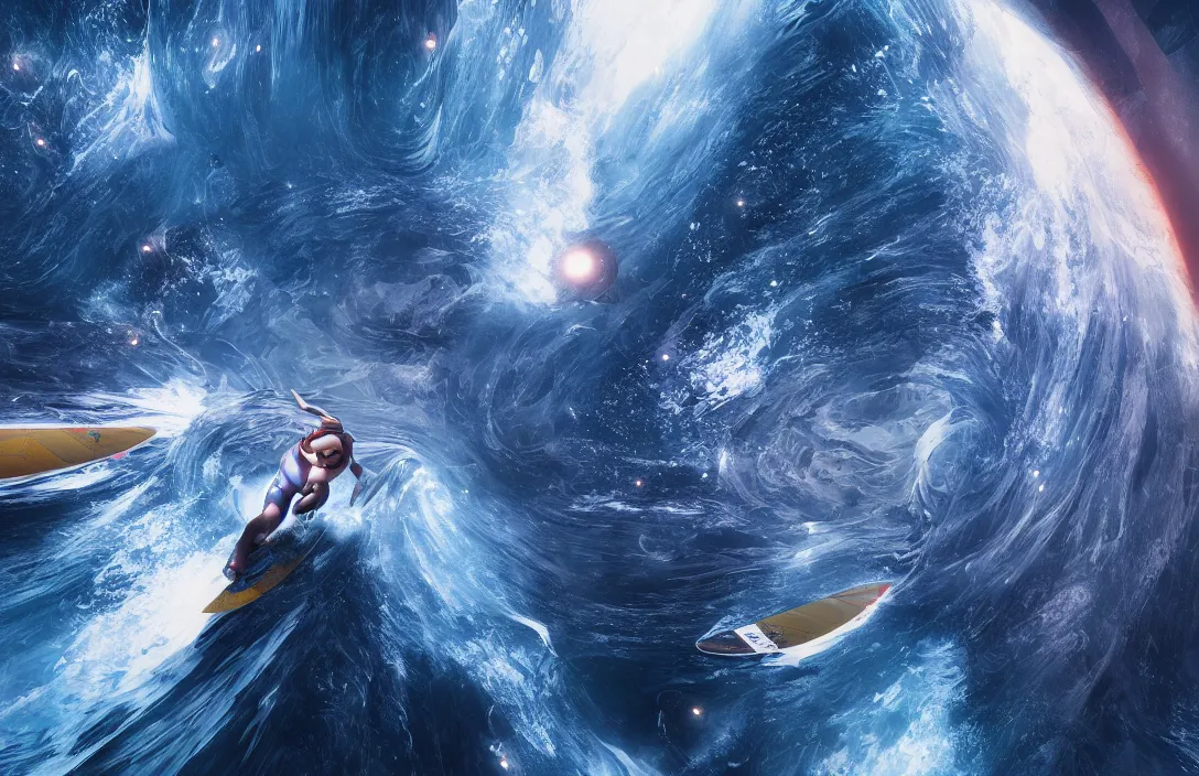 Image similar to surfing the waves of space by ben wanat ; cosmic, insane details, photography, unreal engine ;